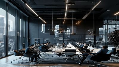 黑料社商业圈报道配图，现代化写字楼会议室内高管激烈讨论，冷色调商业感强
